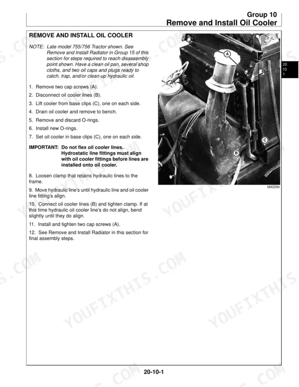 John Deere 655, 755, 855, 955, 756, 856 service manual page showing removal and installation steps for the oil cooler.