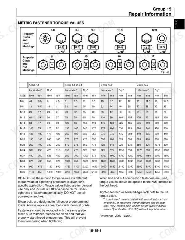 John Deere 655, 755, 855, 955, 756, 856 metric fastener torque values table showing bolt head and nut markings