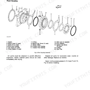 John Deere 670A, 672A exploded view diagram of the tandem pivot housing assembly and parts list.