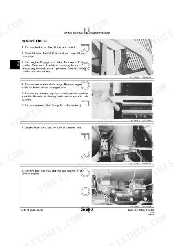John Deere 675, 675B service manual page showing step-by-step engine removal procedures, battery, and muffler removal steps.