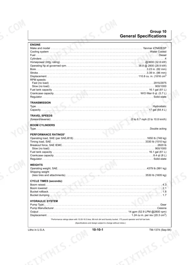 John Deere 675, 675B general specifications table including engine, transmission, performance ratings, and hydraulic system data.