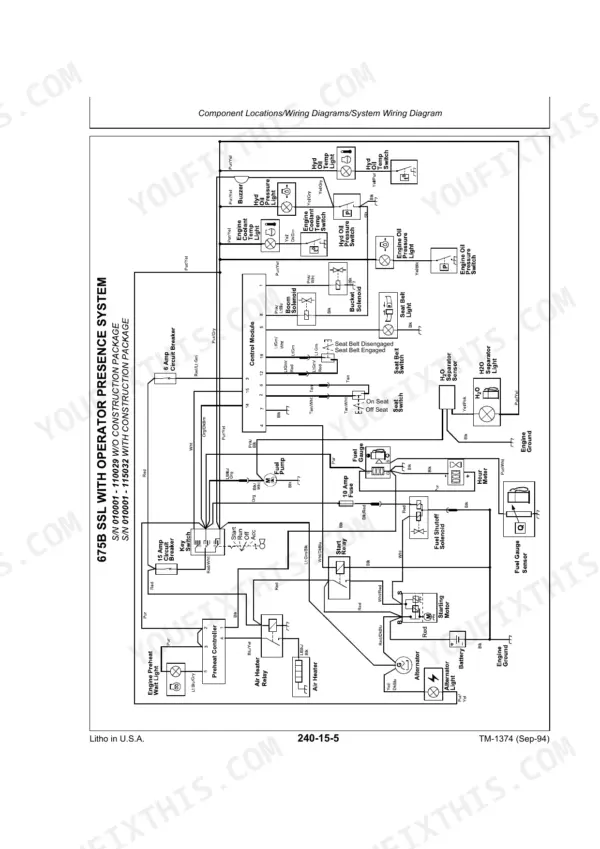 John Deere 675, 675B wiring diagram for operator presence system, showing control module, switches, and sensors.