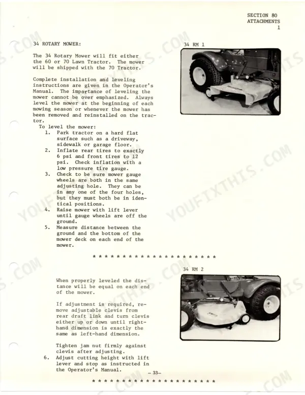 John Deere 70 tractor 34 rotary mower installation and leveling procedures with deck adjustment instructions and photos.
