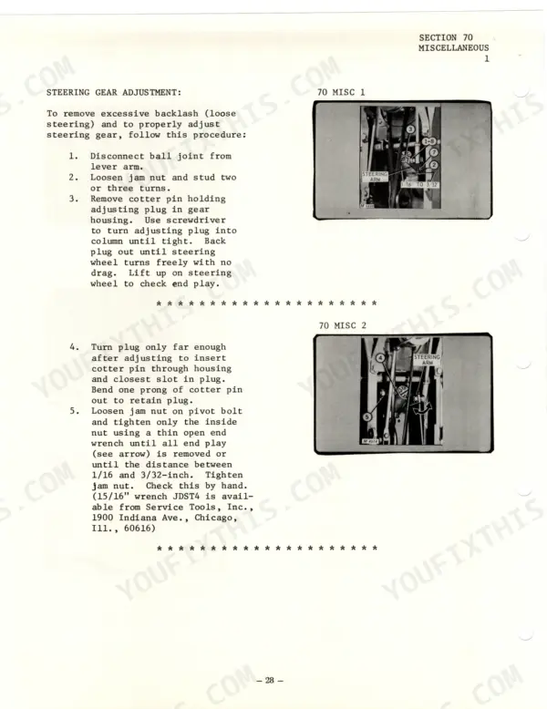 John Deere 70 service manual page showing steering gear adjustment procedure, backlash removal, and steering arm diagrams.