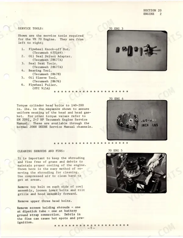John Deere 70 service manual showing engine service tools, cylinder head bolt torque specifications, and shroud cleaning steps.