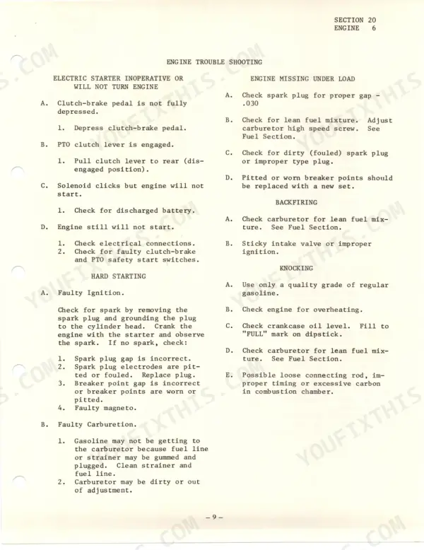 John Deere 70 engine troubleshooting guide for starting, missing under load, backfiring, and knocking issues.