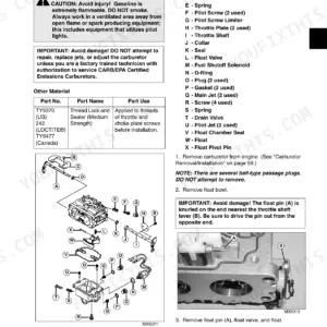 John Deere 717, 727, Mini-Frame Z-Trak 717, Mini-Frame Z-Trak 727 carburetor disassembly and exploded view diagram.