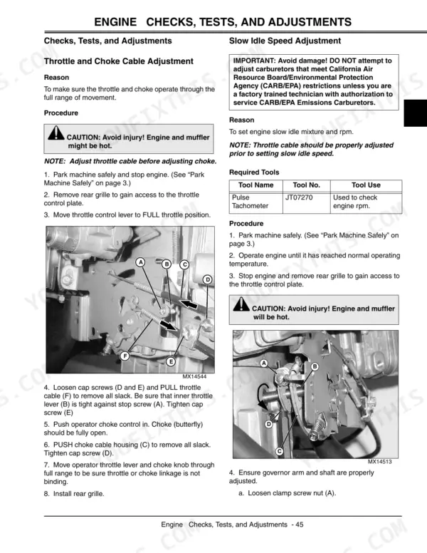 John Deere 717, 727, Mini-Frame Z-Trak 717, Mini-Frame Z-Trak 727 throttle, choke, and slow idle speed adjustment procedures.