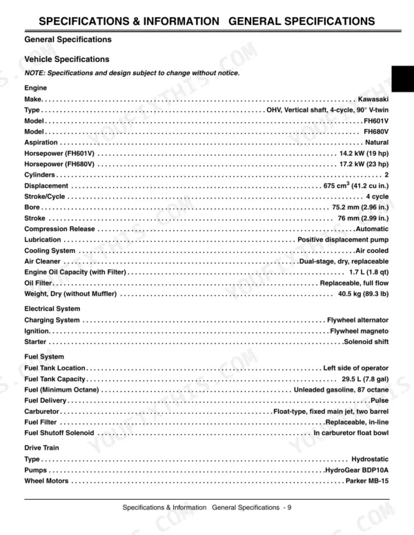 John Deere 717, 727, Mini-Frame Z-Trak 717, Mini-Frame Z-Trak 727 general engine, electrical, fuel, and drive train specs.