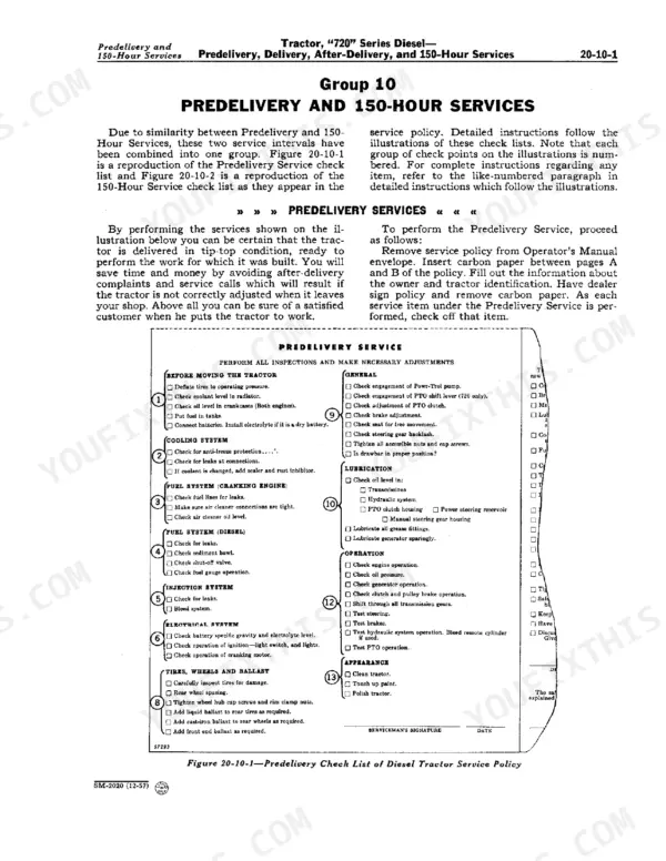 John Deere 720 service manual page showing the Predelivery Service checklist for cooling, fuel, electrical, and lubrication.