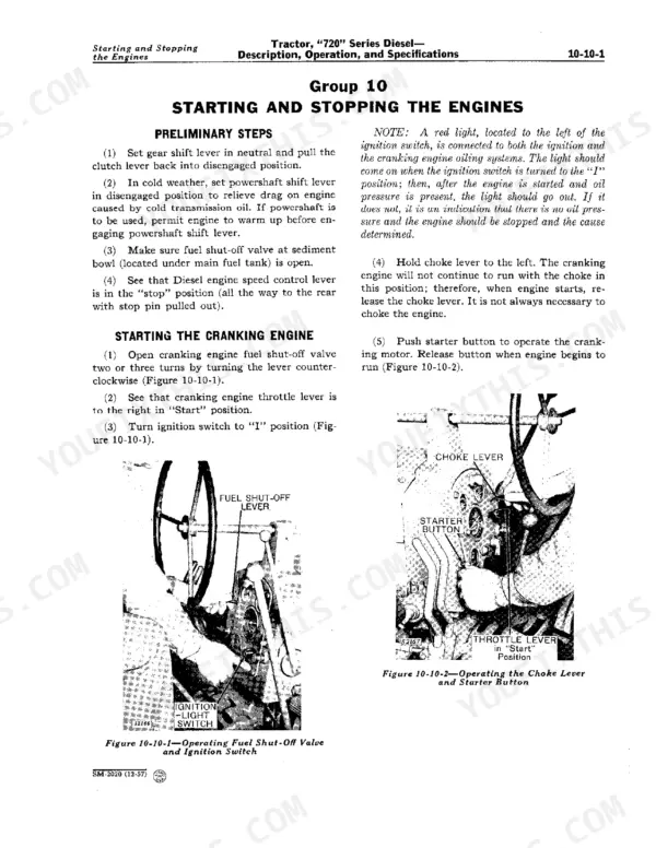 John Deere 720 service manual page showing procedures for starting and stopping the engine, including fuel and choke controls.