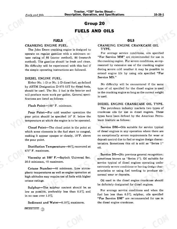 John Deere 720 service manual page detailing fuel and oil specifications for cranking and diesel engines.
