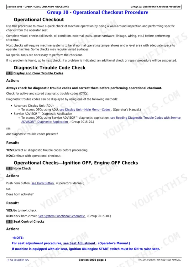 John Deere 744K Loader Operation and Test Manual - Operational Checkout Procedure