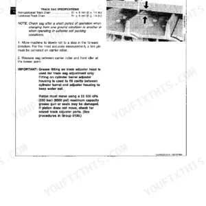 John Deere 750B, 850B Crawler Bulldozer track sag adjustment procedure, specifications, and measurement diagram.