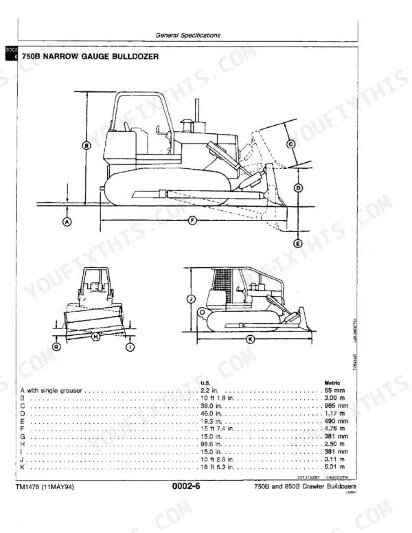 John Deere 750B, 850B Crawler Bulldozer dimensional specifications diagram and table.