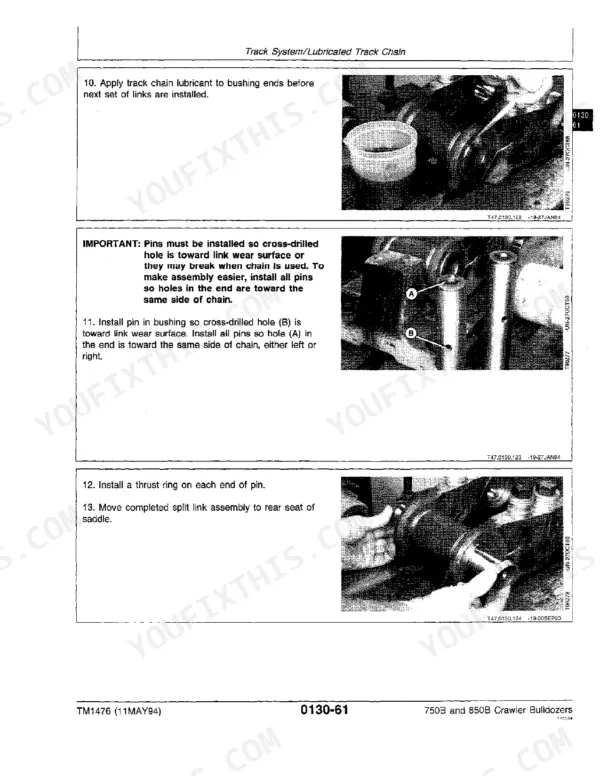 John Deere 750B, 850B Crawler Bulldozer track chain lubrication, pin installation, and thrust ring assembly procedures.
