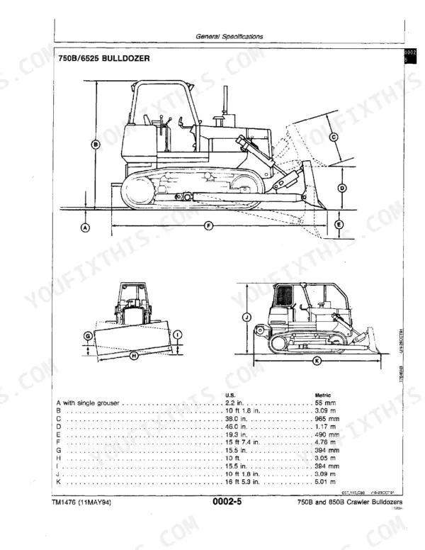 John Deere 750B, 850B Crawler Bulldozer general specifications diagram and dimension table.