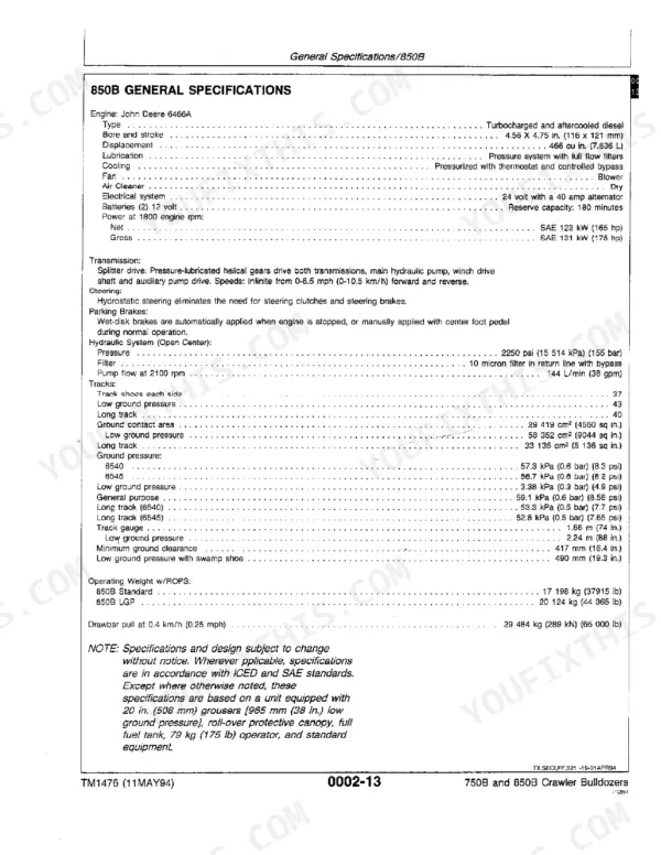 John Deere 750B, 850B Crawler Bulldozer general specifications table including engine, transmission, hydraulic, and track data.