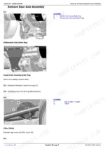 John Deere 8310RT rear axle assembly removal, with the differential case drain plug and related points called out.