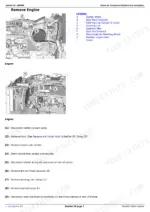 John Deere 8310RT engine removal page, with the starter wiring and attachment points called out.