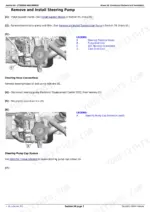 John Deere 8310RT steering pump removal and installation, listing the support-stand and transmission-pump prerequisites.