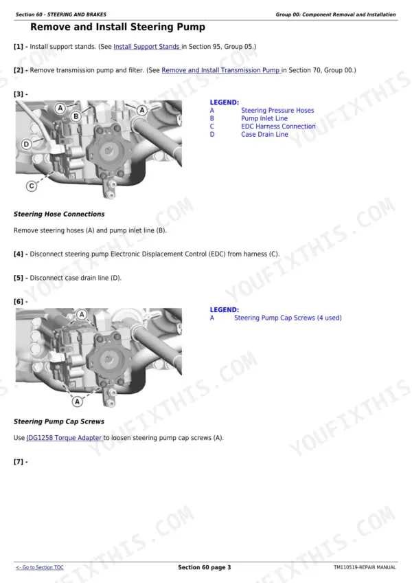 John Deere 8310RT steering pump removal and installation, listing the support-stand and transmission-pump prerequisites.