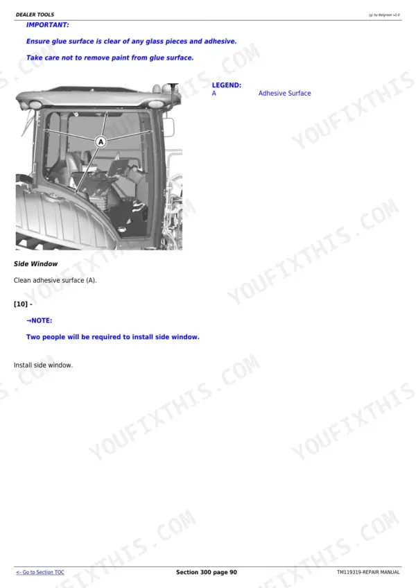 John Deere 8320RT, 8345RT, 8370RT dealer tools section covering glass and adhesive handling.