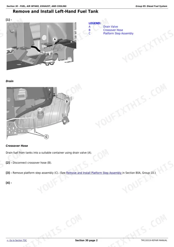 John Deere 8320RT, 8345RT, 8370RT left-hand fuel tank removal and installation in the diesel fuel system group.