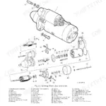 John Deere 840, 940, 1040, 1140 starting motor exploded view diagram with numbered component parts list.