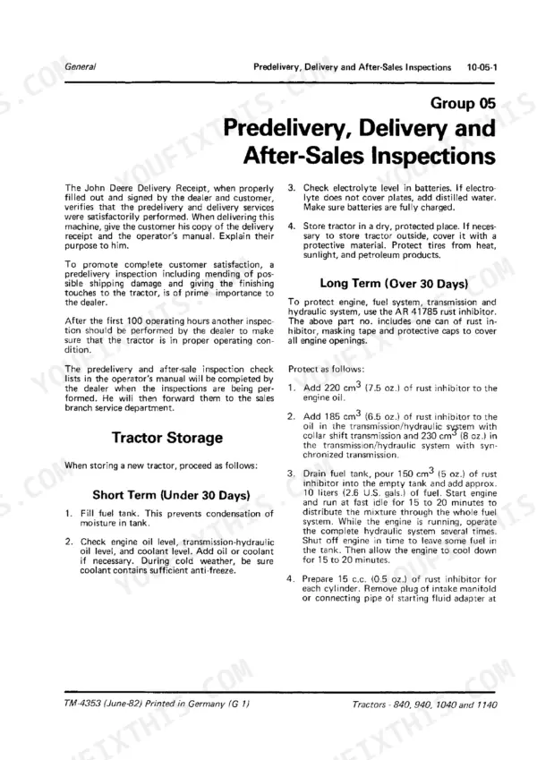John Deere 840, 940, 1040, 1140 manual page for predelivery, delivery, after-sales inspections, and tractor storage procedures.