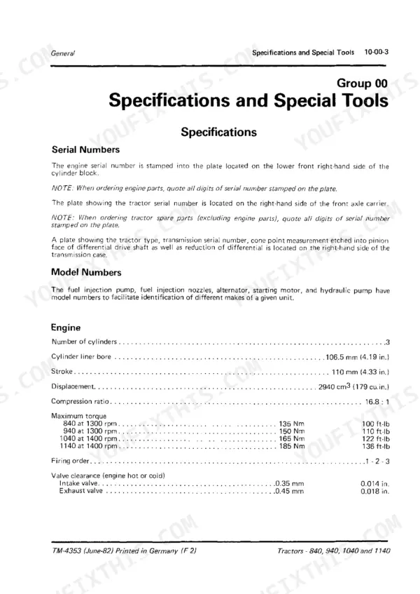 John Deere 840, 940, 1040, 1140 specifications page showing serial number locations, engine bore, stroke, and torque.