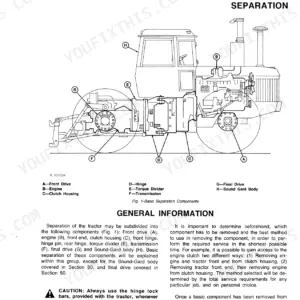 John Deere 8430, 8630 tractor separation diagram showing engine, clutch housing, torque divider, and transmission components.