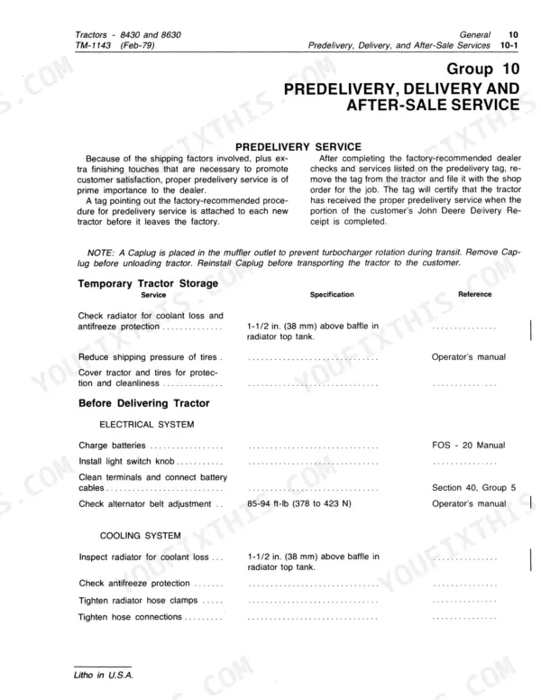 John Deere 8430, 8630 predelivery service and tractor storage procedures, including electrical and cooling system checks.