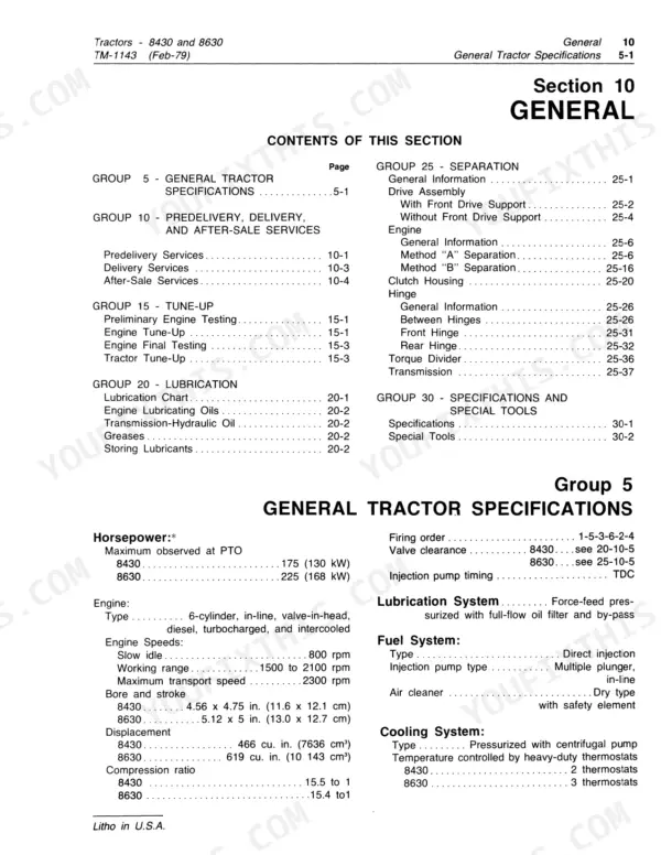 John Deere 8430, 8630 service manual table of contents and general tractor specifications page.