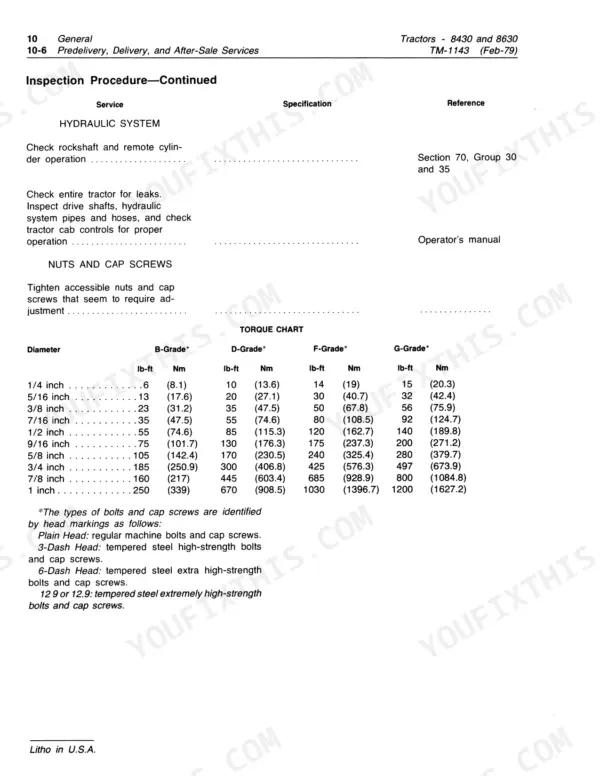 John Deere 8430, 8630 inspection procedure and bolt torque chart for various grades and diameters in lb-ft and Nm.