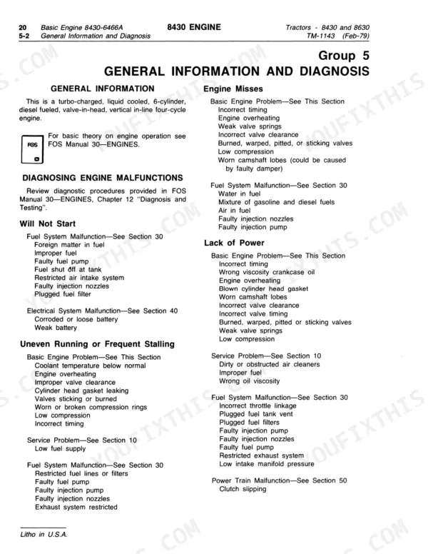 John Deere 8430, 8630 engine troubleshooting guide for engine misses, starting issues, stalling, and lack of power.
