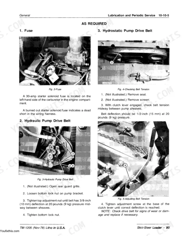 John Deere 90 service manual: procedures for fuse location, hydraulic pump drive belt, and hydrostatic pump belt tension.