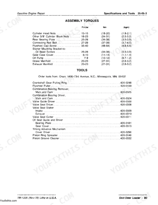 John Deere 90 gasoline engine assembly torque specifications table and list of required service tools with part numbers.