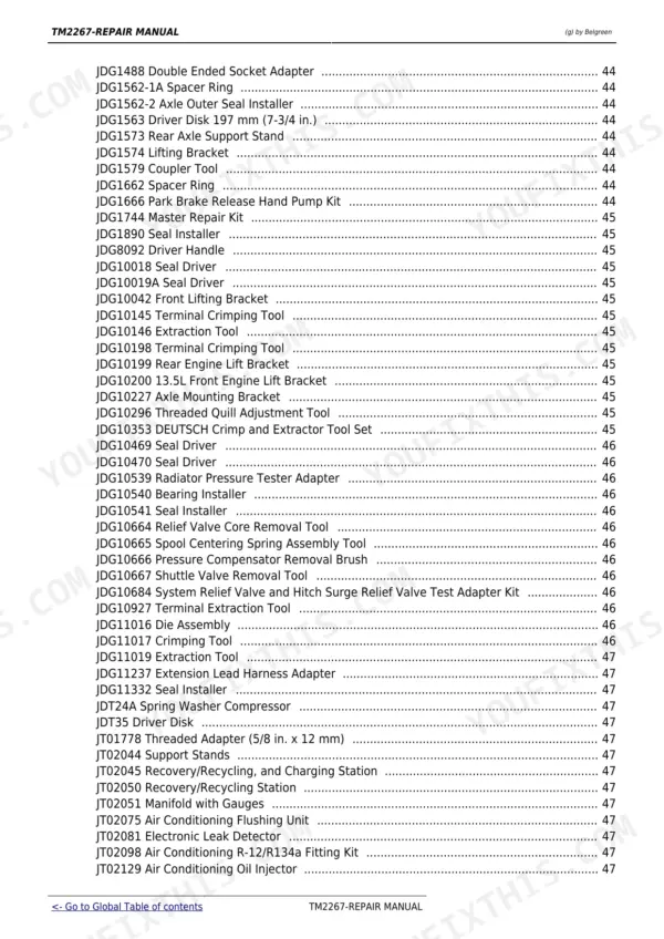 John Deere 9230, 9330, 9430, 9530, 9630 dealer-fabricated service tools list including socket adapters.