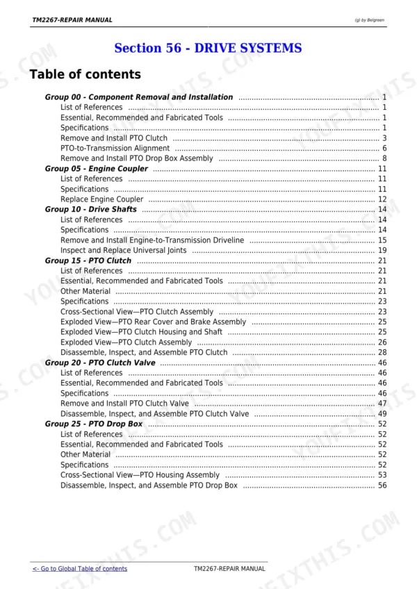 John Deere 9230, 9330, 9430, 9530, 9630 drive systems section contents for component removal and installation.