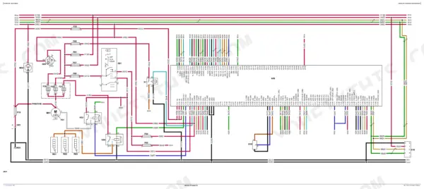 John Deere 3032E, 3036E, 3038E electrical wiring diagram showing ECU pinouts, relays, fuses, and starter motor connections.