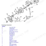 John Deere 3032E, 3036E, 3038E exploded view diagram of turbocharger components with labeled parts list legend.