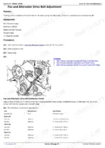 john-deere-agriculture-3032e-3036e-3038e-compact-utility-tractors-technical-manual-tm100619-procedures-69.webp John Deere 3032E, 3036E, 3038E fan and alternator drive belt adjustment procedure, deflection points diagram, and specifications table.