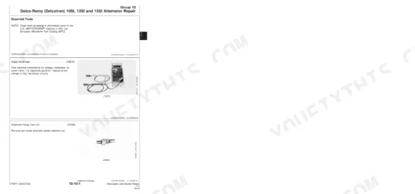 John Deere Alternators repair manual showing essential tools: digital multimeter JT05791 and alternator pulley tool JD306A.