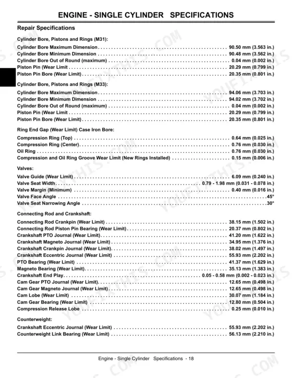 John Deere D100, D110, D120, D130, D140, D150, D160, D170 single cylinder engine repair specifications and wear limits table.