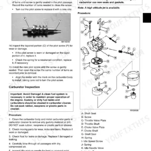John Deere D100, D110, D120, D130, D140, D150, D160, D170 carburetor assembly exploded view and pilot screw repair procedure.