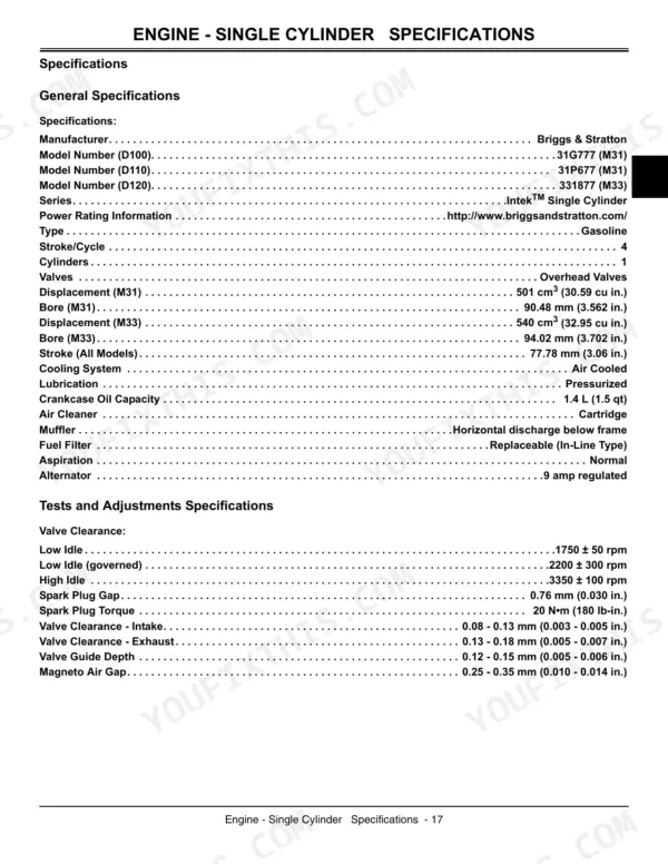 John Deere D100, D110, D120, D130, D140, D150, D160, D170 single cylinder engine specifications and adjustment data table.