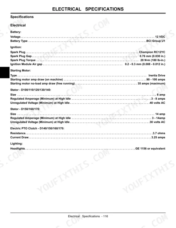 John Deere D100, D110, D120, D130, D140, D150, D160, D170 electrical specifications table for battery, ignition, starter, and PTO.