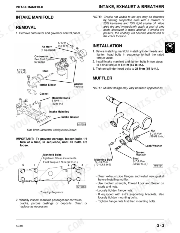 John Deere FD440V, FD501V, FD590V, FD620D intake manifold and muffler removal, installation, and torque sequence diagram.