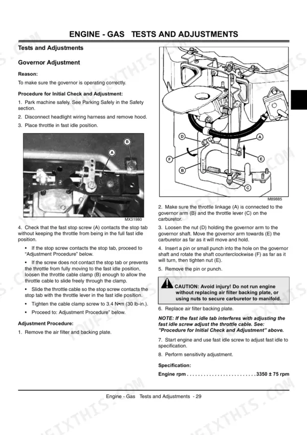 John Deere G100, G110 engine governor adjustment procedure with throttle linkage and carburetor diagrams.